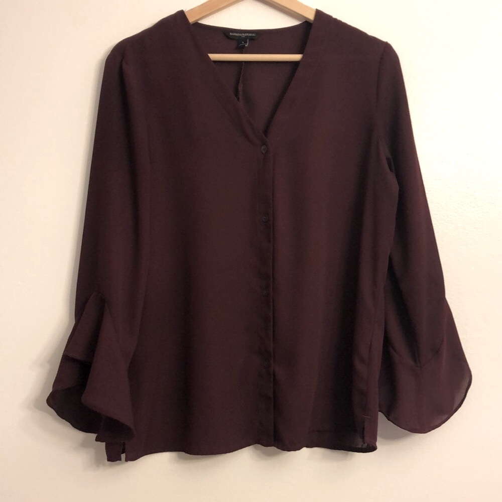 Banana Republic - sm maroon silky button-down w/billowy sleeves - Picture 2 of 7